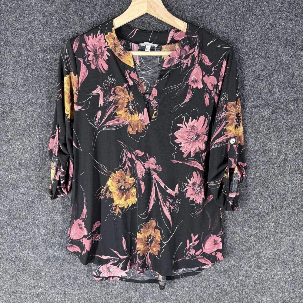 White Birch Blouse Women S Small Black Floral V-Neck 3/4 Sleeve Pullover Casual